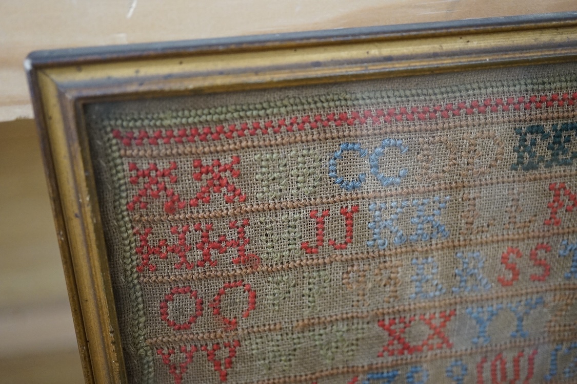 A 19th century cross stitch alphabet sampler, dated 1825 by John Ferguson. Worked in rows of letters and numerals, with a panel embroidered with a basket and vase of flowers. 43 x 19cm